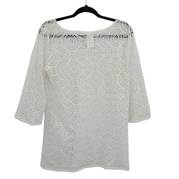 Laundry by Shelli Segal Swimsuit Coverup S White Lace 3/4 Sleeve Tunic Tie Neck - Picture 3 of 14